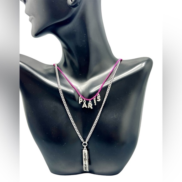 Karl Lagerfeld Paris Two Tone Pave Pink Paris Layered Signature Pendant Necklace - Picture 1 of 6